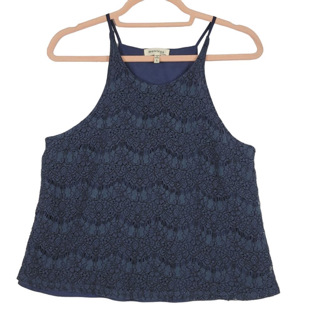 Monteau Blue Lace High Neck Spaghetti Strap Top Sz L